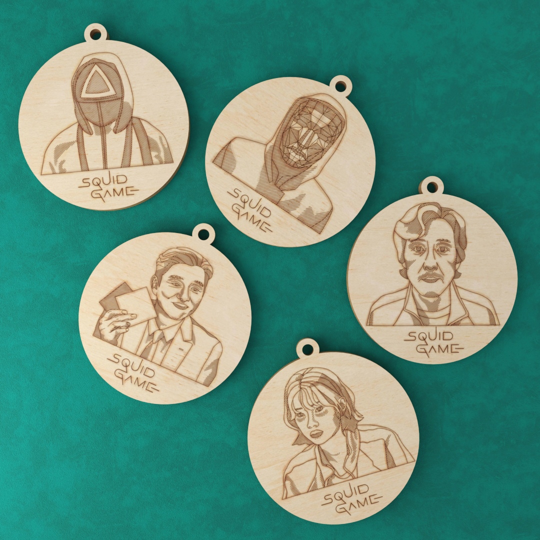 طرح جاکلیدی طرح ماهی مرکب مناسب برای استفاده در دستگاه های cnc چوب و cnc لیزر - laser cut squid game keychains cdr file