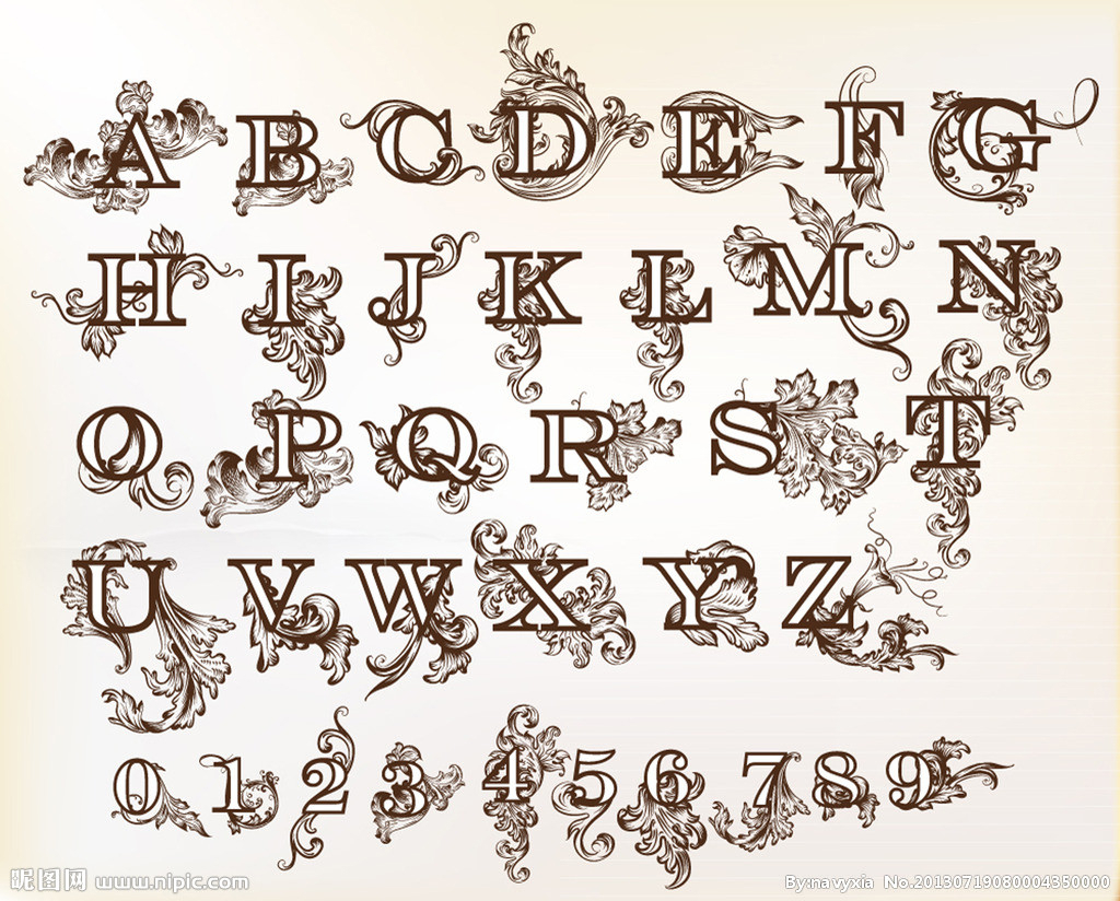 طرح حروف گلدار باروک مناسب برای استفاده در دستگاه های cnc چوب و cnc لیزر - baroque floral letters cdr file