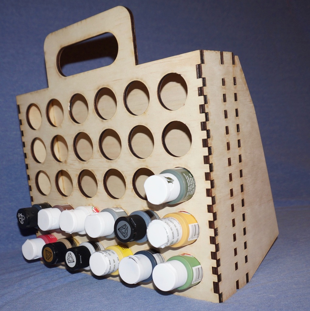 طرح قفسه رنگ با دسته مناسب برای استفاده در دستگاه های cnc چوب و cnc لیزر - laser cut paint rack with handle svg file