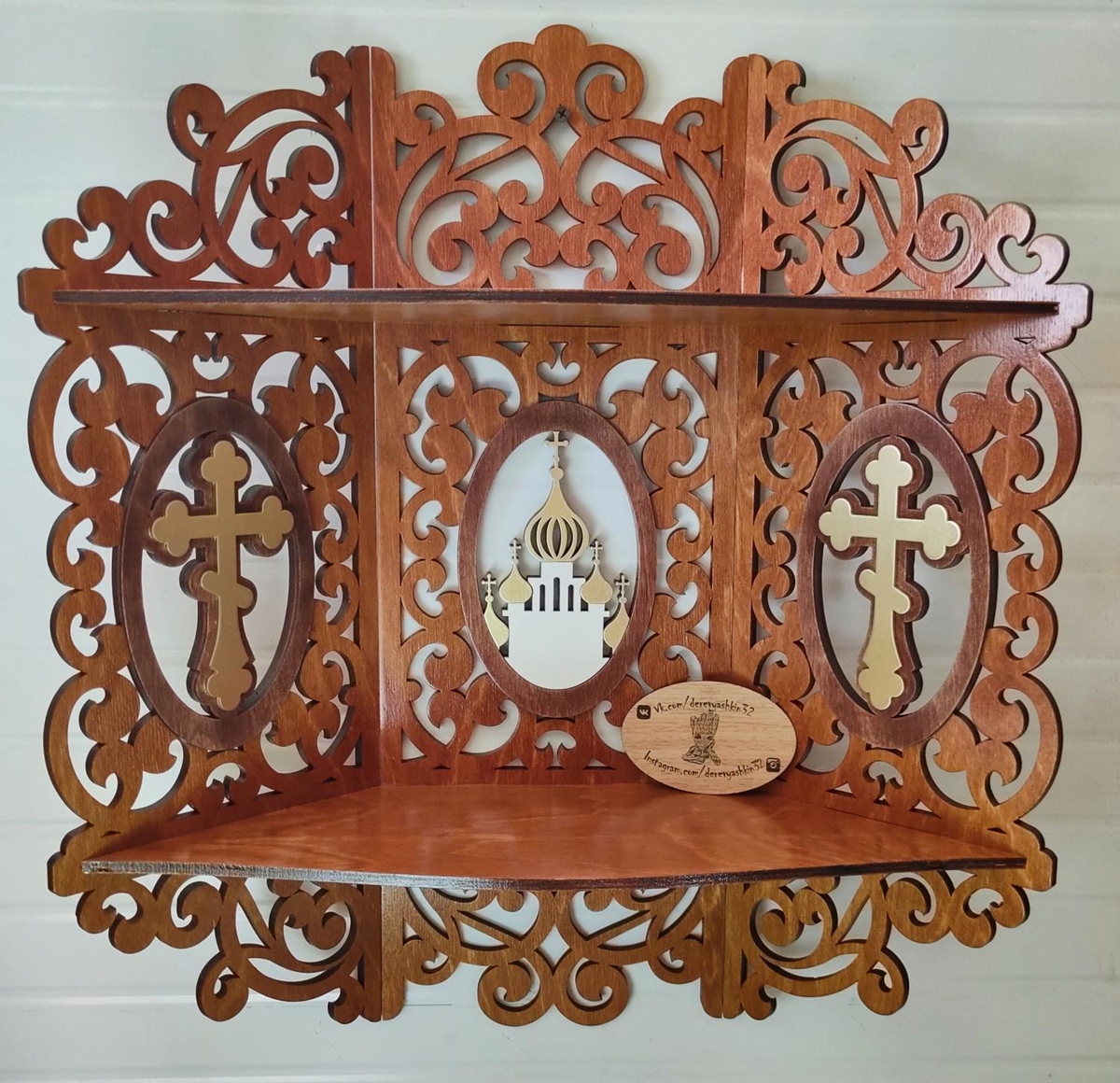 طرح فایل کورل CDR قفسه چوبی برای محراب خانه مسیحی مناسب برای استفاده در دستگاه های cnc چوب و cnc لیزر - laser cut wooden shelf for icons christian home altar carved shelf cdr file