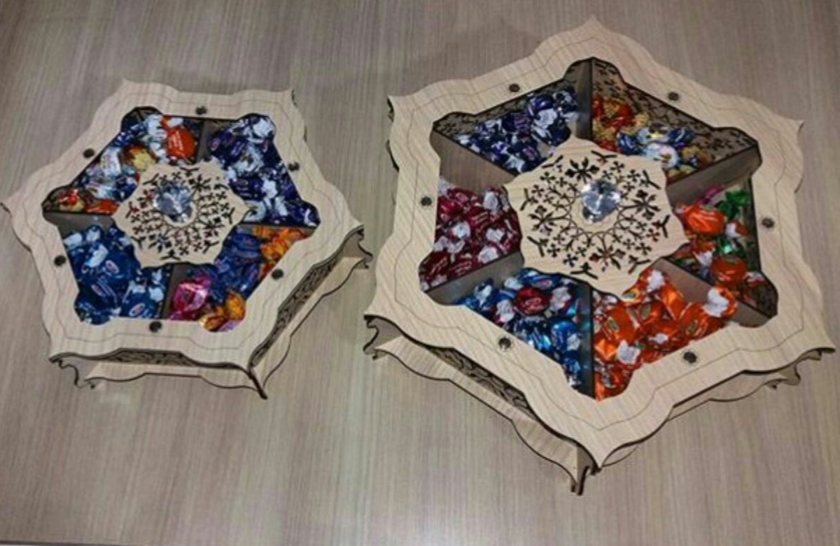 طرح جعبه شیرینی تزئینی مناسب برای استفاده در دستگاه های cnc چوب و cnc لیزر - laser cut decorative candy box cdr file