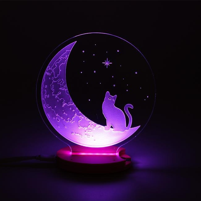 طرح چراغ خواب سه بعدی گربه و ماه مناسب برای استفاده در دستگاه های cnc چوب و cnc لیزر - laser cut the cat and the moon 3d illusion night light dxf file