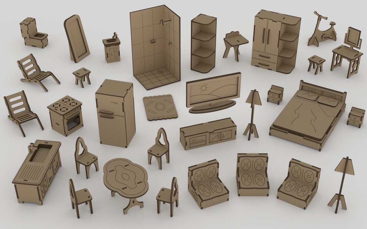 طرح خانه عروسکی و ضخامت mdf 3mm مناسب برای استفاده در دستگاه های cnc چوب و cnc لیزر - mini kit furniture dollhouse laser cut mdf 3mm cdr file