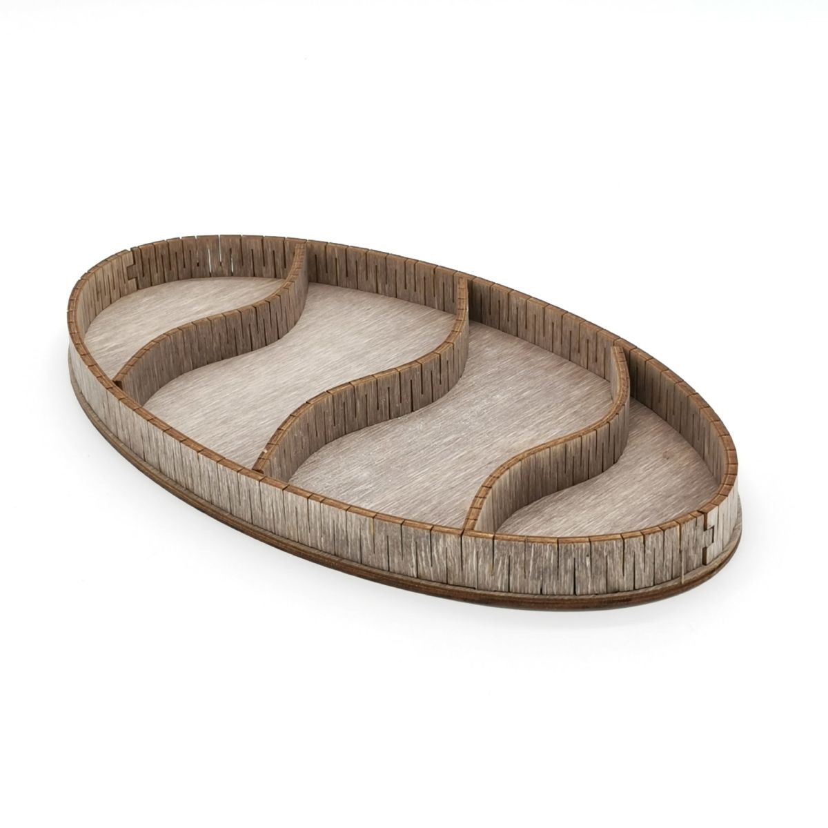 طرح سینی بیضی چوبی چهار تکه مناسب برای استفاده در دستگاه های cnc چوب و cnc لیزر - laser cut wooden 4 section divided oval tray cdr file