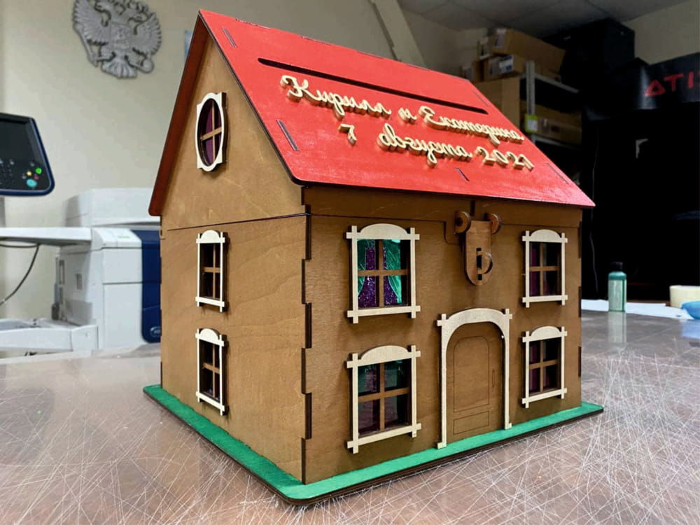 طرح جعبه پول عروسی به شکل خانه مناسب برای استفاده در دستگاه های cnc چوب و cnc لیزر - laser cut house shaped wedding money box cdr file