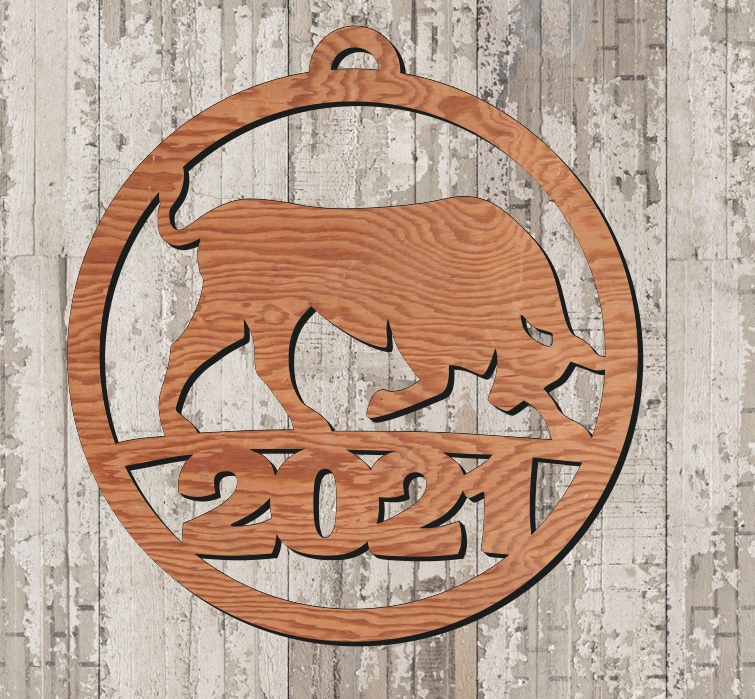 طرح آویز چوبی سال گاو نر ۲۰۲۱ مناسب برای استفاده در دستگاه های cnc چوب و cnc لیزر - laser cut year of bull 2021 wooden pendant cdr file