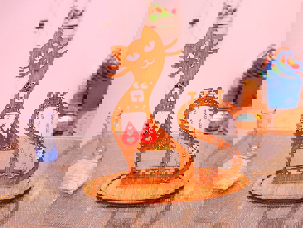 طرح سه بعدی جا جواهری گربه طرح تخته سه لا 3 میلی متری مناسب برای استفاده در دستگاه های cnc چوب و cnc لیزر - laser cut cat jewelry stand plywood 3mm cdr file