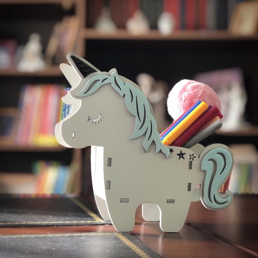 طرح جا خودکاری طرح اسب تک شاخ مناسب برای استفاده در دستگاه های cnc چوب و cnc لیزر - laser cut unicorn pen stand unicorn desk accessories cdr file