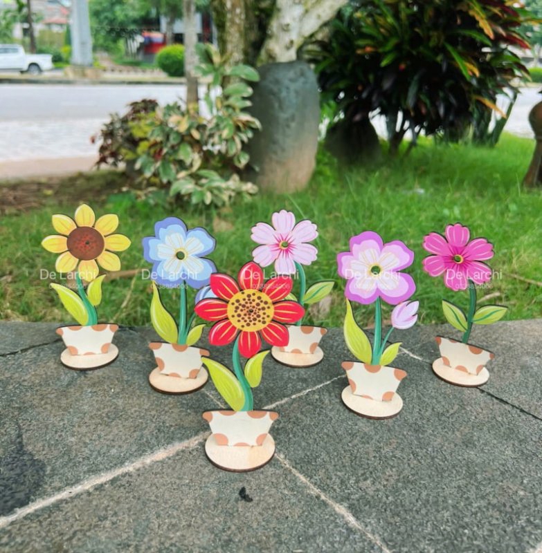 طرح کاردستی گل‌های چوبی سه بعدی بهاری برای نقاشی کودکان مناسب برای استفاده در دستگاه های cnc چوب و cnc لیزر - laser cut 3d wooden flowers spring crafts to paint for kids
