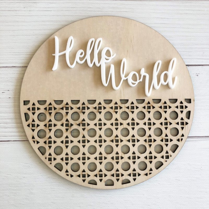 طرح پلاک سلام جهان از جنس چوب خیزران مناسب برای استفاده در دستگاه های cnc چوب و cnc لیزر - laser cut rattan hello world plaque
