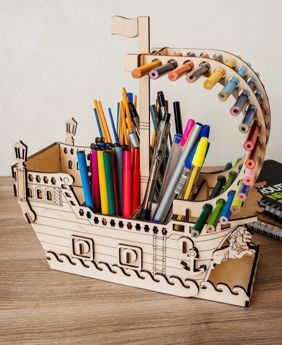 طرح جا مدادی کشتی مناسب برای استفاده در دستگاه های cnc چوب و cnc لیزر - laser cut ship pencil holder organizer cdr file