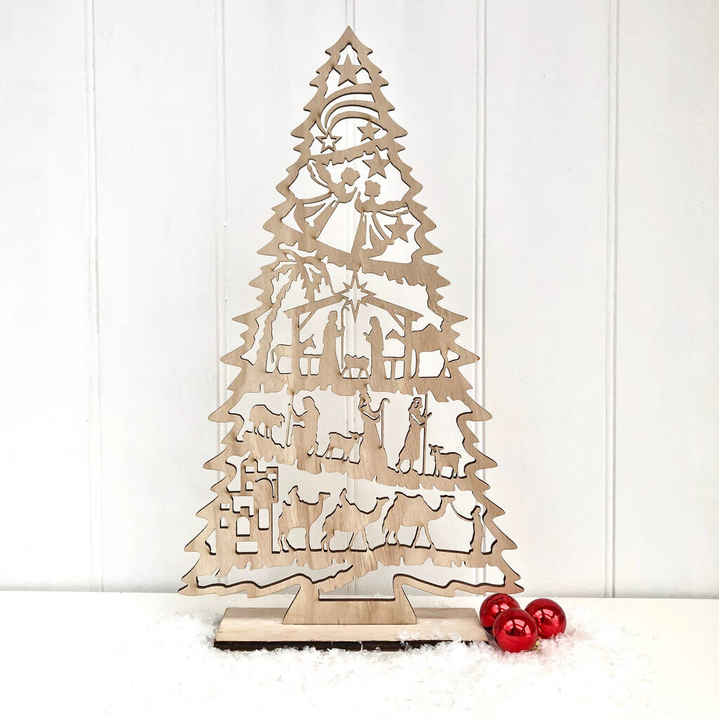 طرح درخت کریسمس به همراه پایه ( ) مناسب برای استفاده در دستگاه های cnc چوب و cnc لیزر - laser cut nativity tree with stand cdr file