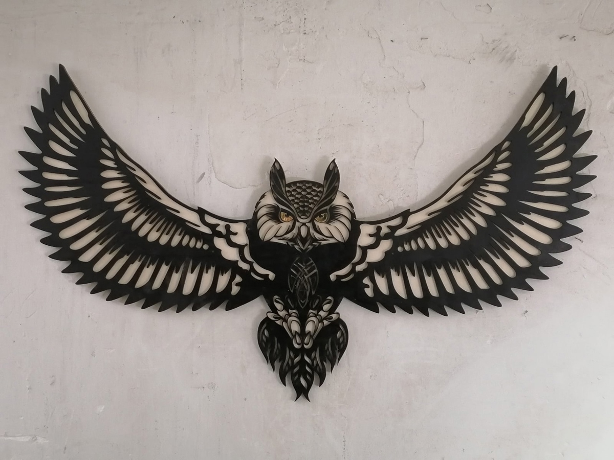 طرح تزیین دیوار جغد پرنده مناسب برای استفاده در دستگاه های cnc چوب و cnc لیزر - laser cut flying owl wall decor cdr file