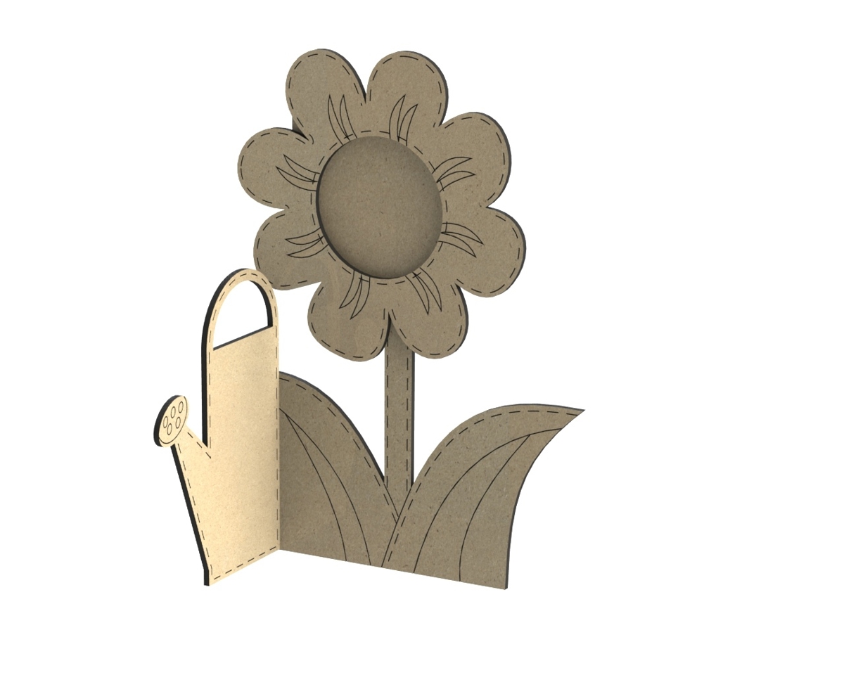 طرح قاب عکس و آبپاش به همراه گل مناسب برای استفاده در دستگاه های cnc چوب و cnc لیزر - laser cut photo frame watering can with flower cdr file