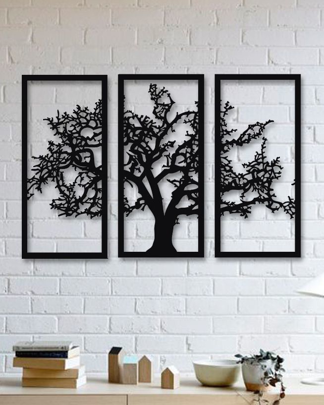 طرح درخت برای دیوار با سه پنل مناسب برای استفاده در دستگاه های cnc چوب و cnc لیزر - laser cut tree wall decor 3 panels svg file