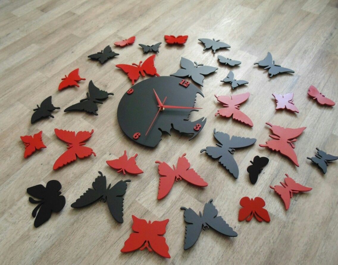 طرح ساعت دیواری پروانه ای مدرن مناسب برای استفاده در دستگاه های cnc چوب و cnc لیزر - laser cut diy modern butterfly wall clock cdr file