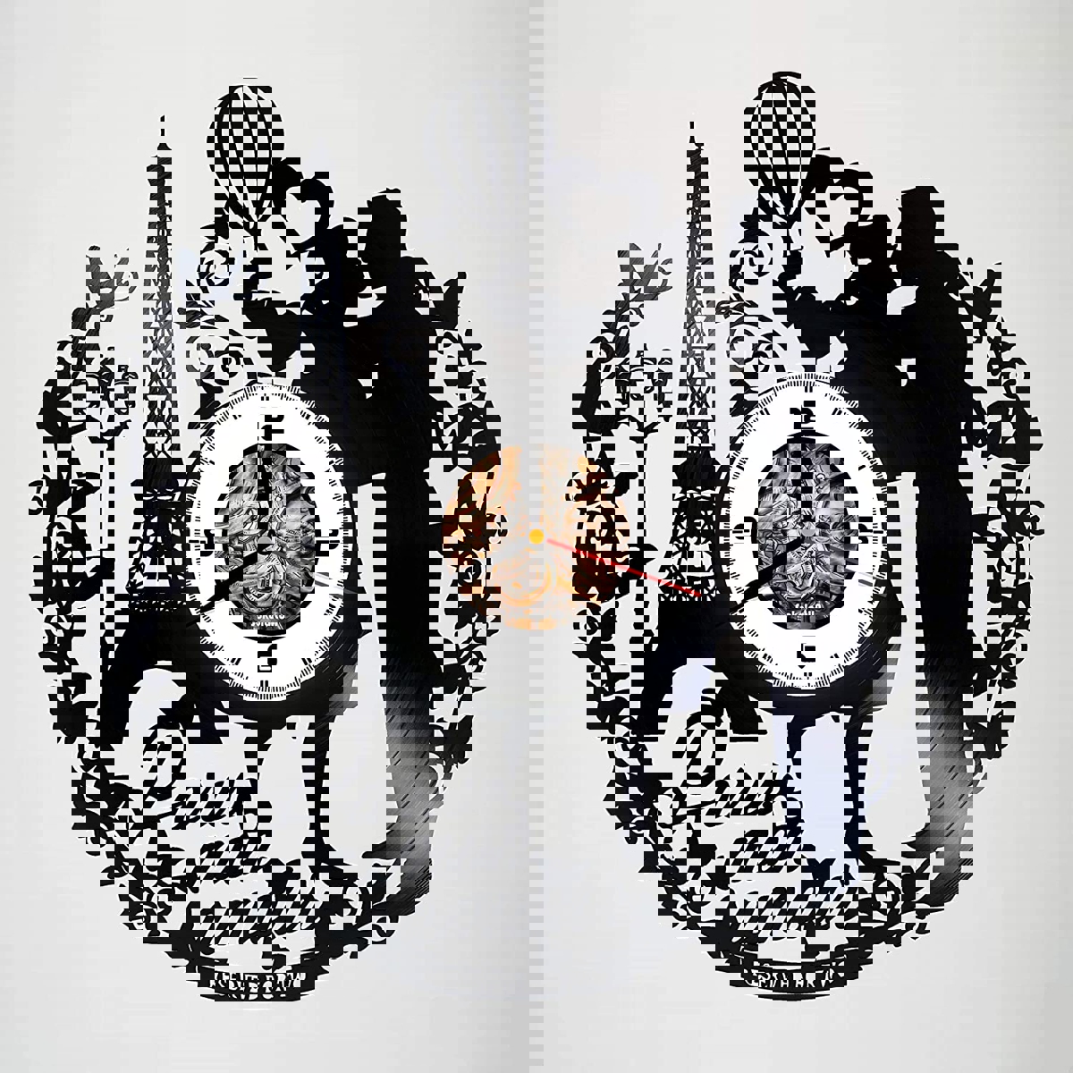 طرح ساعت دیواری وینیل پاریس فرانسه طرح عشق من مناسب برای استفاده در دستگاه های cnc چوب و cnc لیزر - laser cut paris france mon amour vinyl record wall clock dxf file
