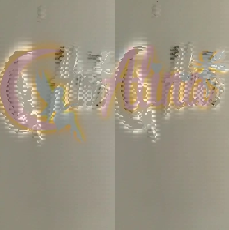 طرح چراغ خواب طرح پری ماه با ، دکور دیواری اتاق کودک دخترانه شخصی سازی شده مناسب برای استفاده در دستگاه های cnc چوب و cnc لیزر - laser cut fairy on moon personalized girls room night light nursery wall decor