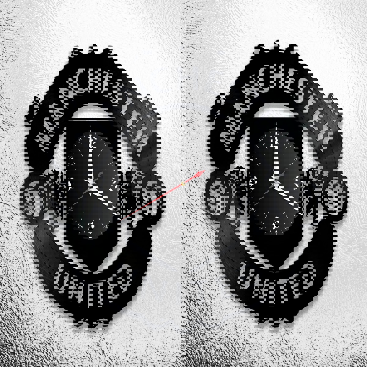 طرح ساعت دیواری وینیل طرح منچستر یونایتد با مناسب برای استفاده در دستگاه های cnc چوب و cnc لیزر - laser cut manchester united vinyl wall clock dxf file