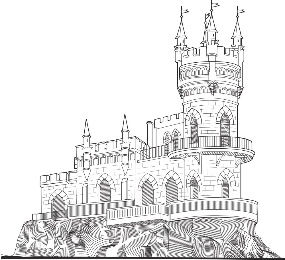 طرح فایل وکتور نقاشی خطی قلعه مناسب برای استفاده در دستگاه های cnc چوب و cnc لیزر - castle vector line drawing vector art cdr file