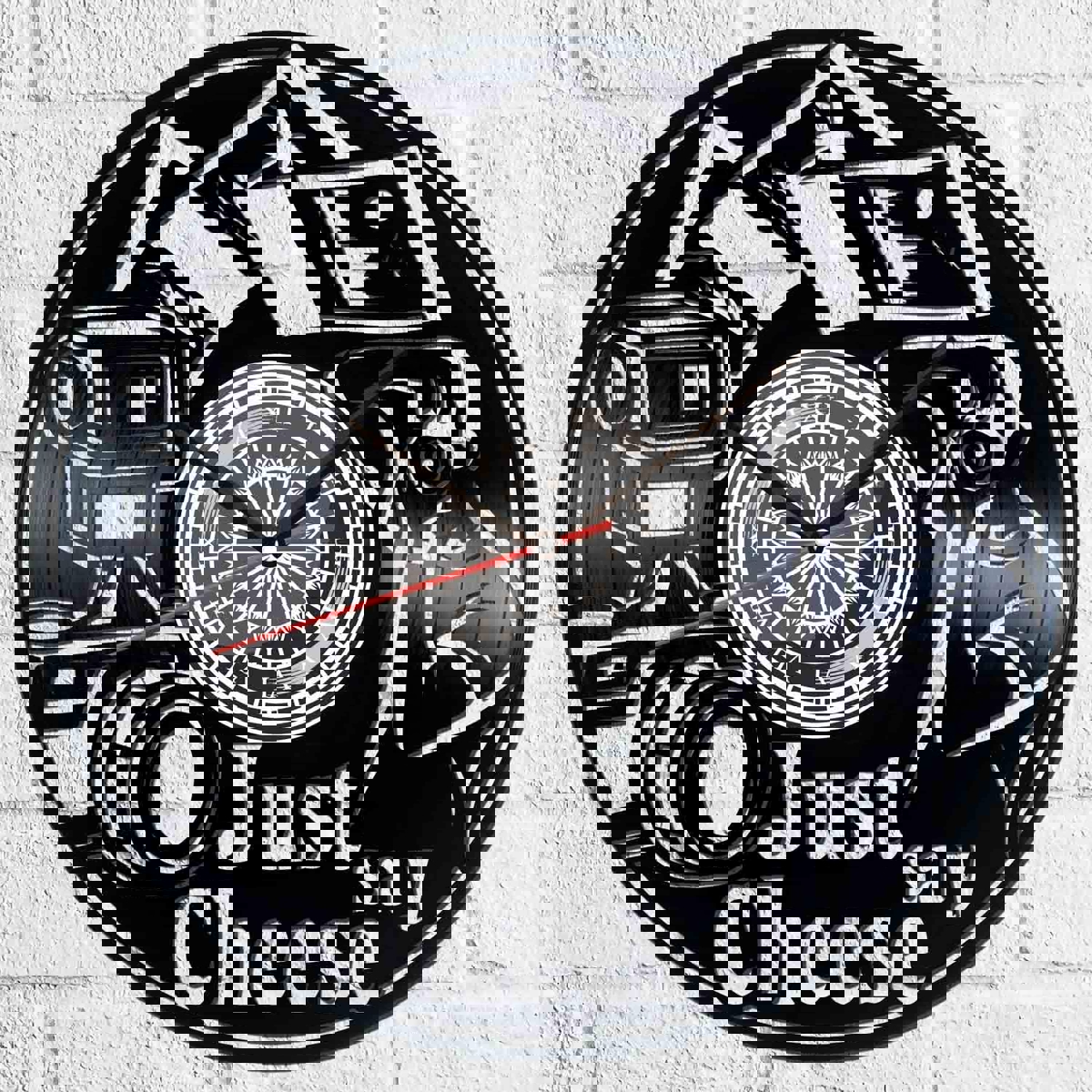 طرح ساعت وینیل طرح فقط پنیر مناسب برای استفاده در دستگاه های cnc چوب و cnc لیزر - laser cut just say cheese vinyl photography clock ai file