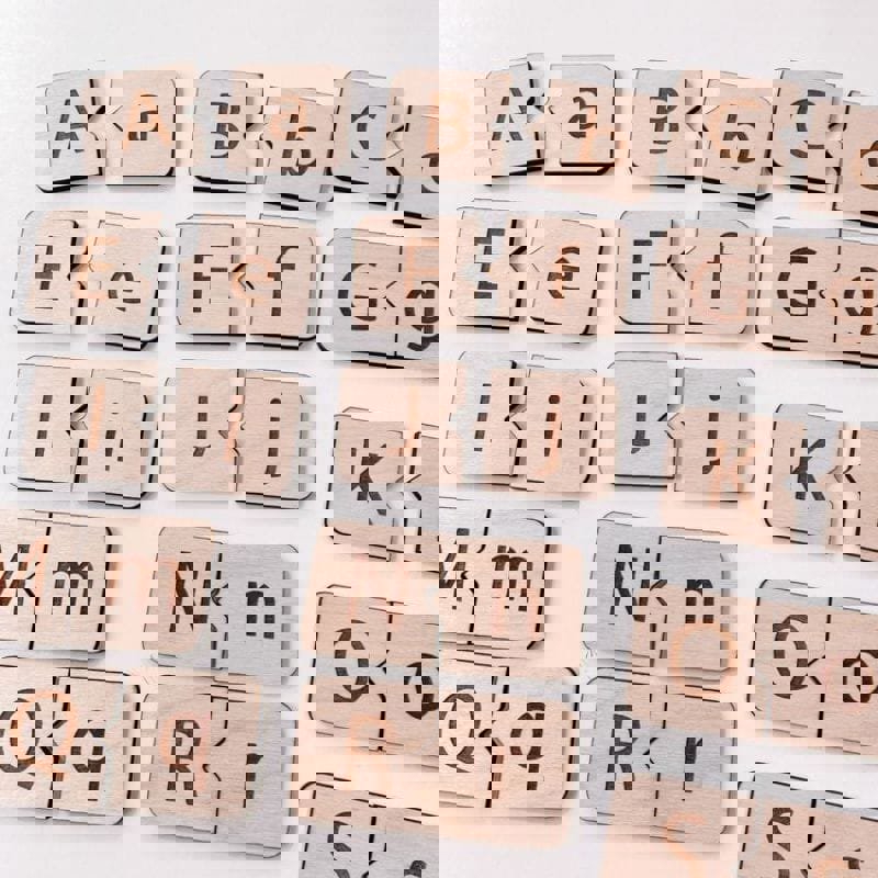 طرح پازل الفبای چوبی مونتسوری، کارت‌های تطبیق حروف چوبی مناسب برای استفاده در دستگاه های cnc چوب و cnc لیزر - laser cut wooden alphabet puzzle montessori wooden letters matching cards