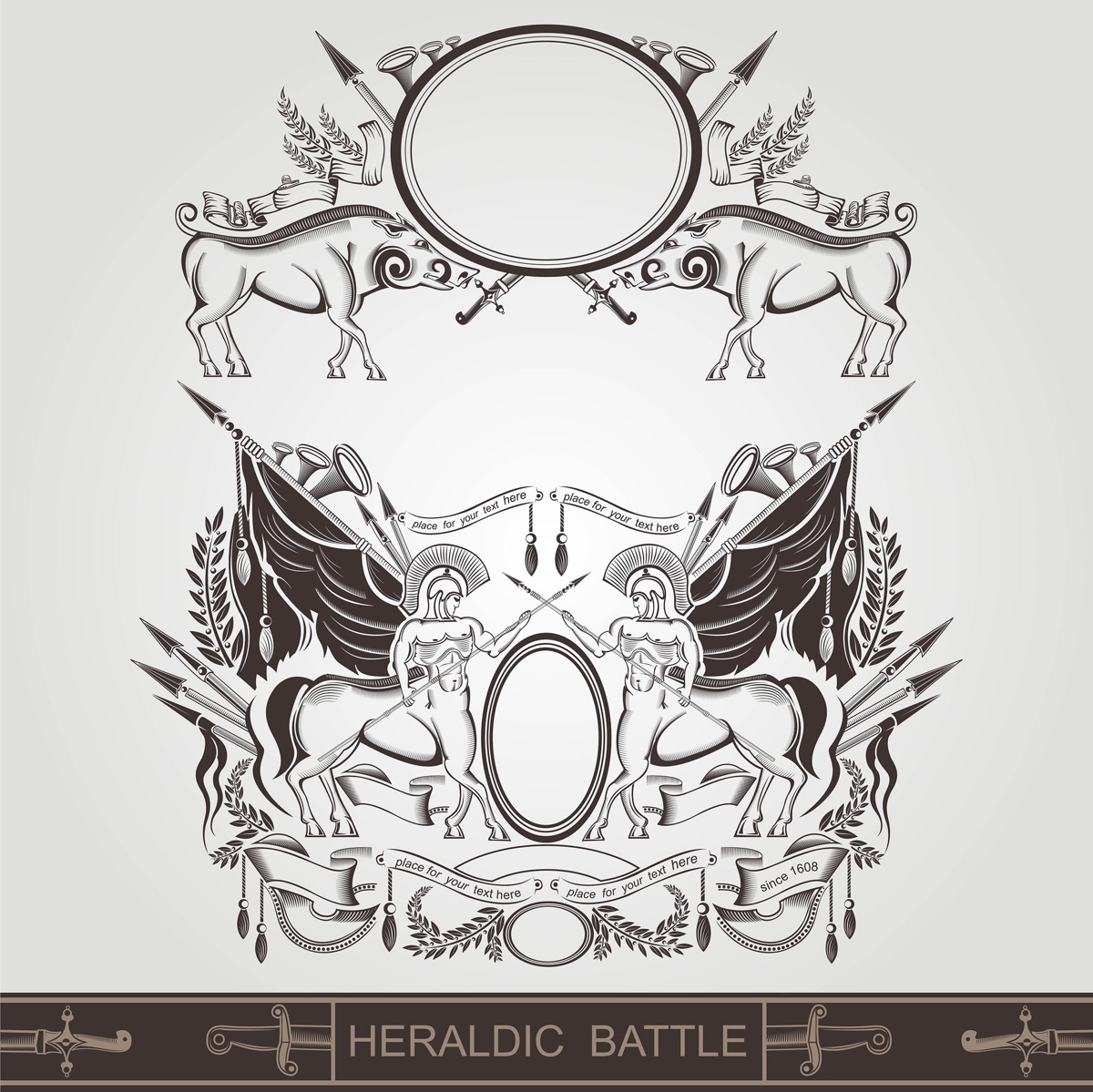 طرح فایل وکتور لایه باز نشان نبرد با سلاح قدیمی و گراز . با پسوندهای eps و ai مناسب برای استفاده در دستگاه های cnc چوب و cnc لیزر - heraldic battle coat of arm with old weapon centaur and boar eps file