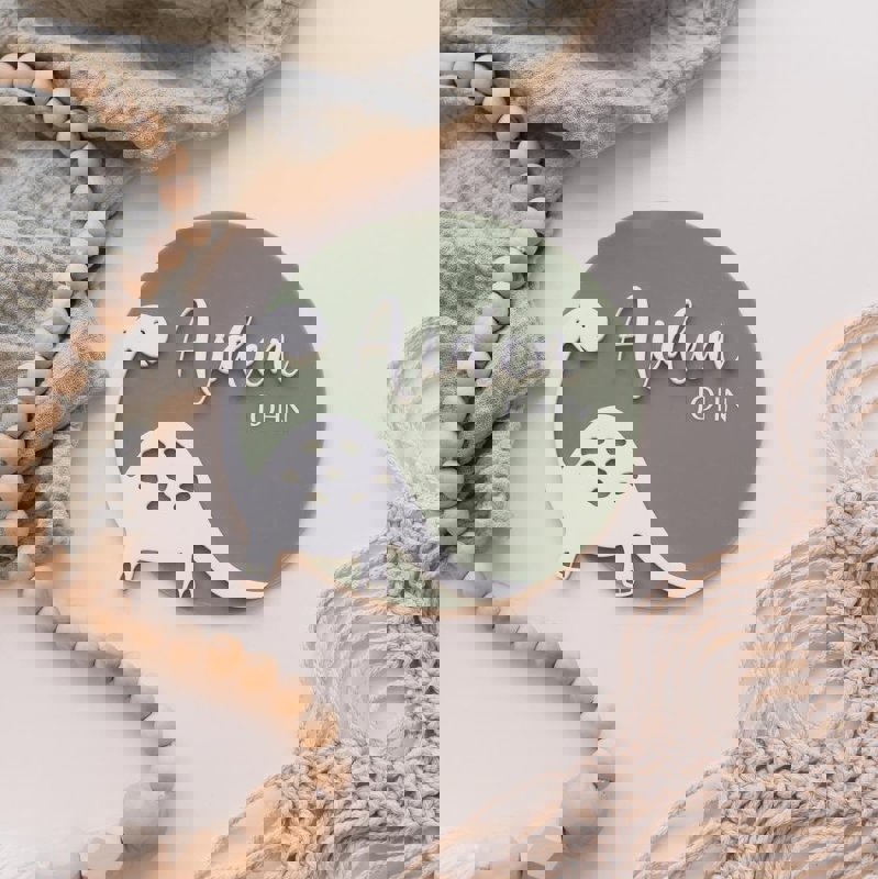 طرح پلاک اعلام تولد دایناسور مناسب برای استفاده در دستگاه های cnc چوب و cnc لیزر - laser cut dinosaur birth announcement plaque