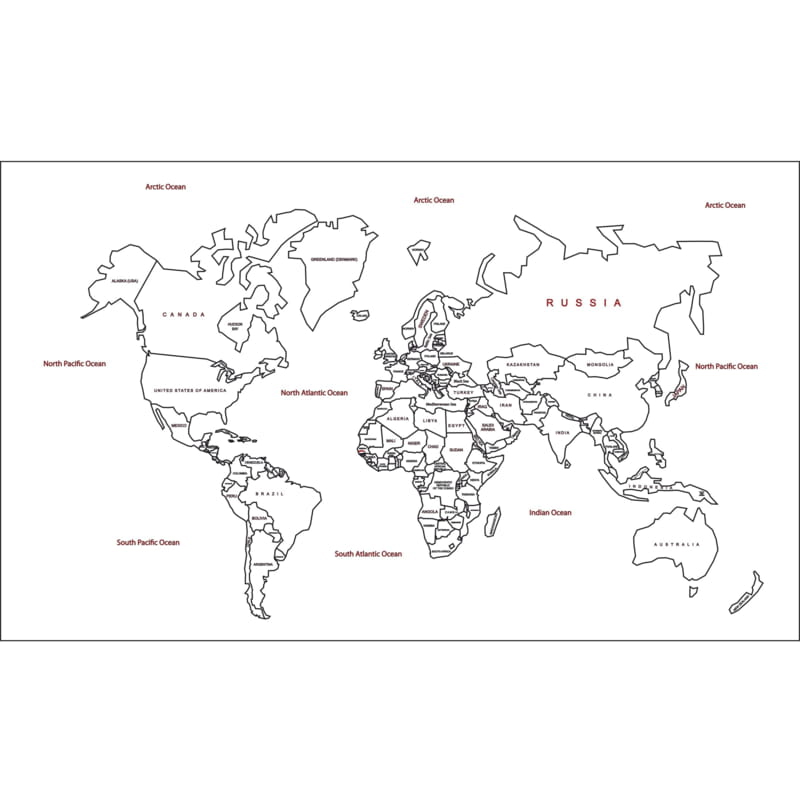 طرح نقشه جهان به همراه نام کشورها مناسب برای استفاده در دستگاه های cnc چوب و cnc لیزر - laser cut map of world with country names cdr file