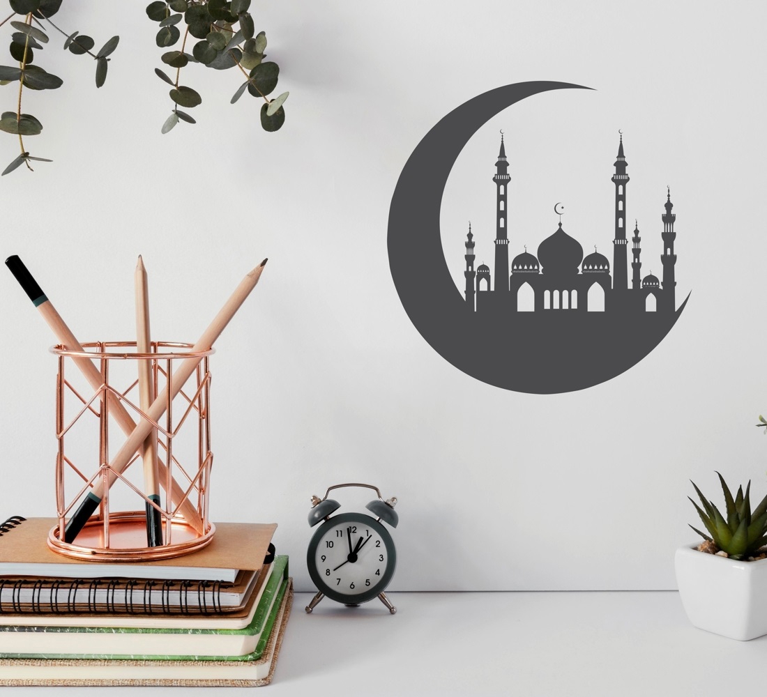 طرح هلال ماه با طرح مسجد مناسب برای استفاده در دستگاه های cnc چوب و cnc لیزر - laser cut crescent moon with mosque cdr file