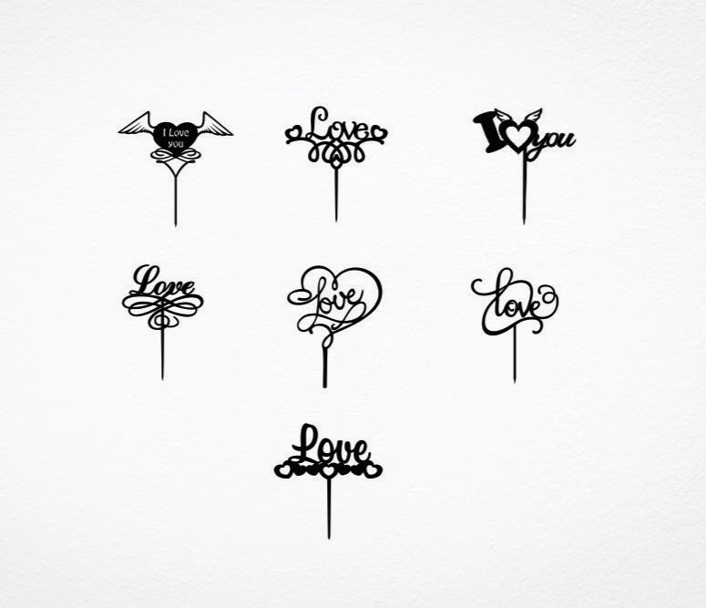 طرح مجموعه تزیینات کیک عاشقانه مناسب برای استفاده در دستگاه های cnc چوب و cnc لیزر - laser cut love cake toppers set cdr file