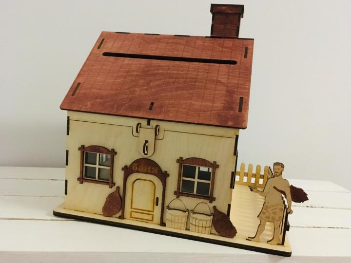 طرح قلک، صندوقچه سکه، بانکه پس انداز، فایل کورل دراو مناسب برای استفاده در دستگاه های cnc چوب و cnc لیزر - laser cut piggy bank house coin bank saving box cdr file