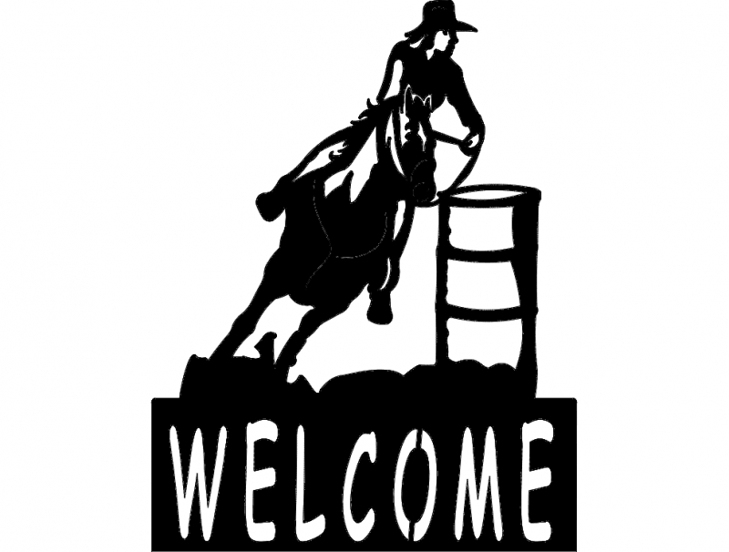 طرح تابلوی خوشامدگویی مسابقه دهنده بشکه ای مناسب برای استفاده در دستگاه های cnc چوب و cnc لیزر - barrel racer welcome sign dxf file