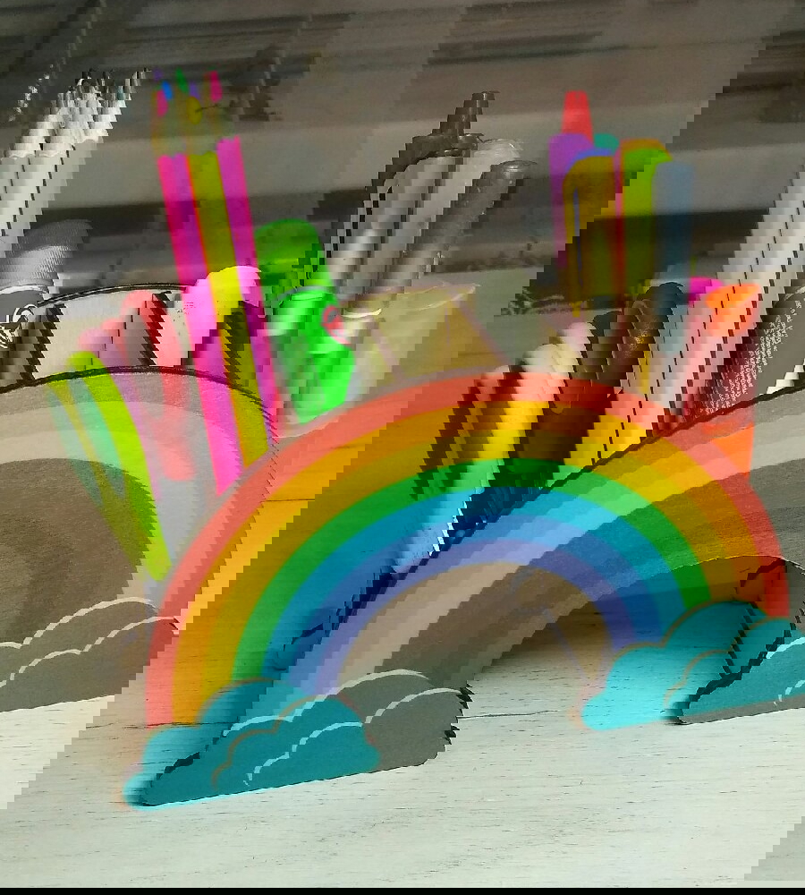 طرح جا مدادی رنگین کمانی برای میز و سازماندهی میز مناسب برای استفاده در دستگاه های cnc چوب و cnc لیزر - laser cut rainbow pencil holder desk organizer cdr file