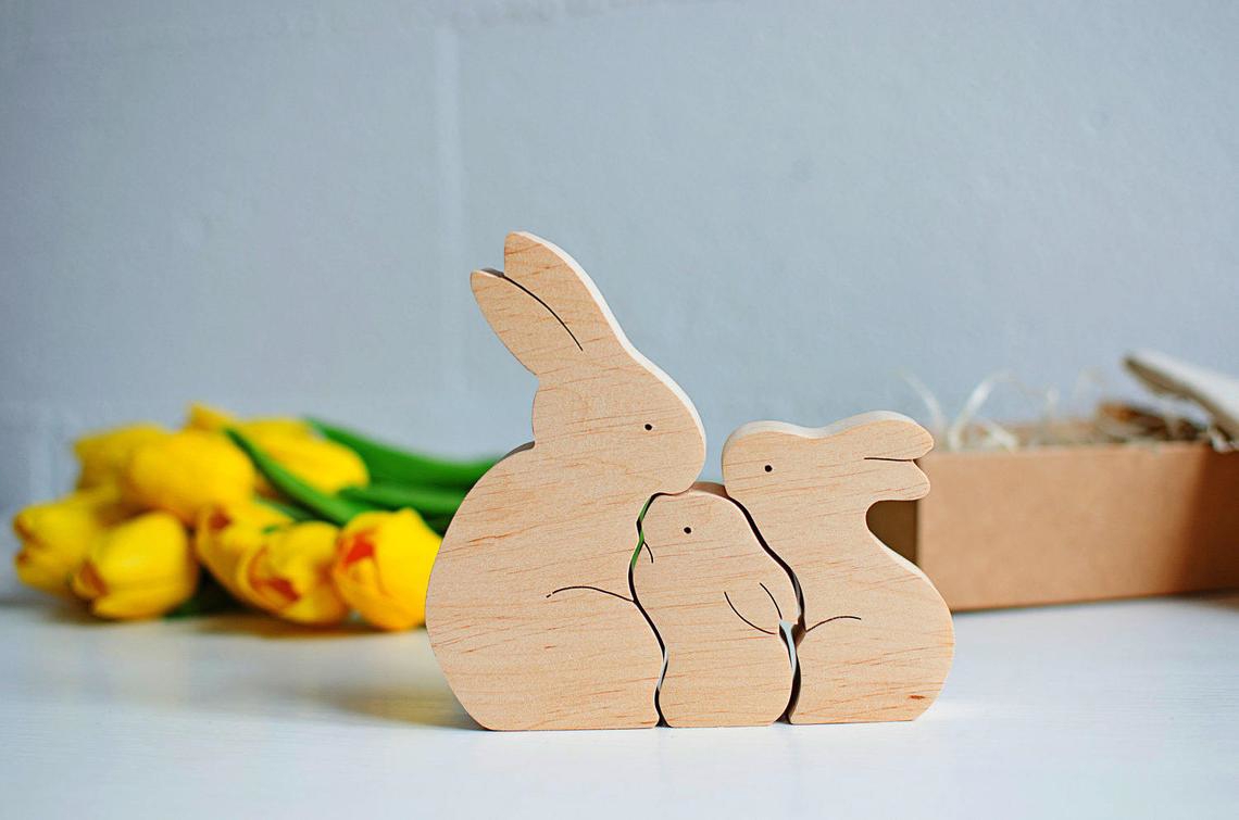 طرح پازل چوبی خرگوش خانواده خرگوش عید پاک اسباب بازی هدیه بچه ها مناسب برای استفاده در دستگاه های cnc چوب و cnc لیزر - laser cut wooden bunny puzzle bunny family easter kids gift toys cdr file