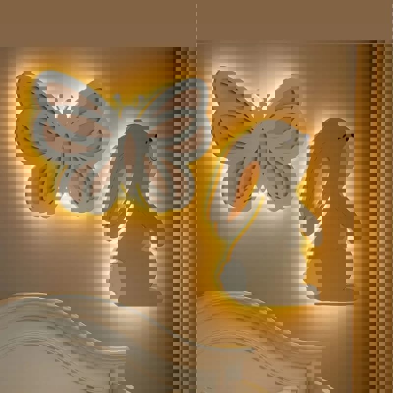 طرح چراغ دیواری طرح پروانه با برای کودکان، چراغ دیواری طرح خرگوش بامزه، دکور اتاق کودک مناسب برای استفاده در دستگاه های cnc چوب و cnc لیزر - laser cut butterfly kids wall light cute bunny wall lamp childrens room decor