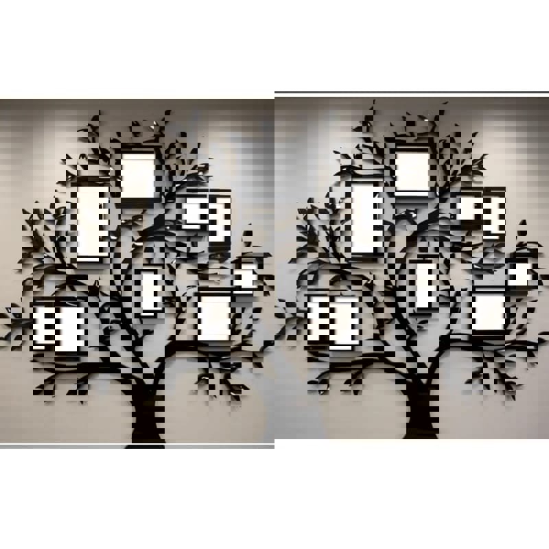 طرح درخت خانوادگی با قاب عکس، هنر دیواری مدرن مناسب برای استفاده در دستگاه های cnc چوب و cnc لیزر - laser cut family tree with photo frame modern wall art