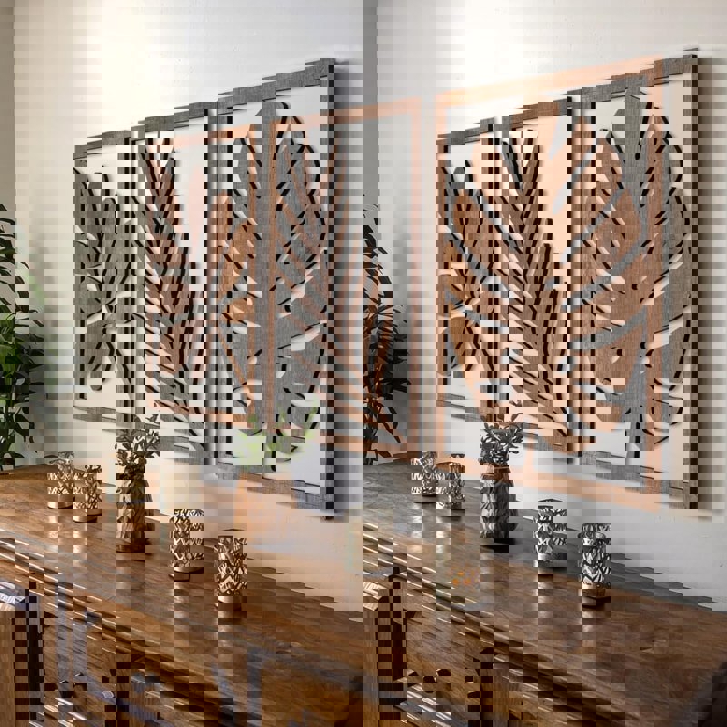 طرح هنر دیواری چوبی با برگ گرمسیری مناسب برای استفاده در دستگاه های cnc چوب و cnc لیزر - laser cut tropical leaf wood wall art