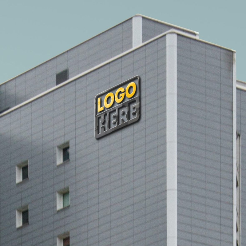 فایل موکاپ لوگوی شیشه‌ای سه‌بعدی روی ساختمان زیبا - 3D Glass Logo On Elegant Building Mockup