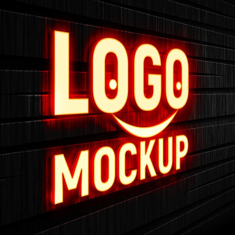 فایل موکاپ لوگوی سه بعدی با افکت نور روی دیوار تیره - 3D Light Effect Logo Mockup on Dark Wall