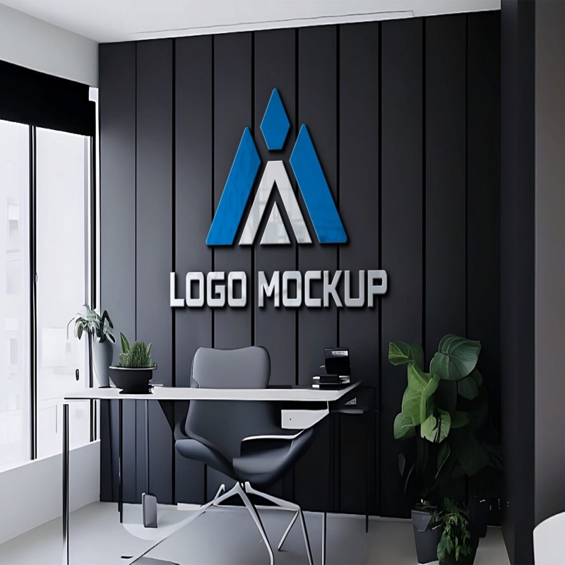 فایل موکاپ لوگوی سه بعدی روی دیوار مشکی اتاق کار - 3D logo mockup on black wall office room