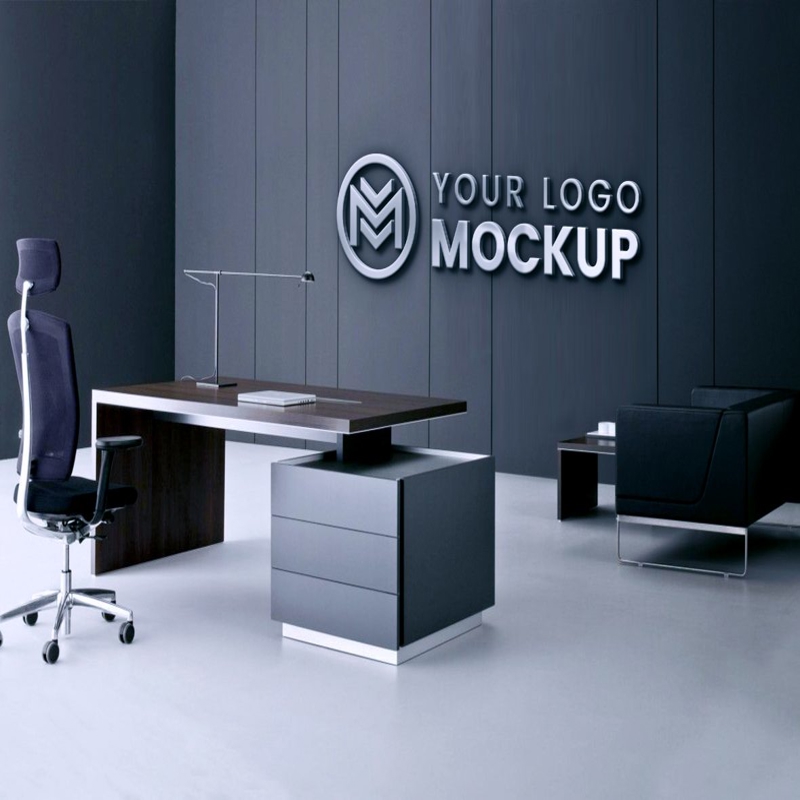 فایل موکاپ لوگوی سه بعدی روی دیوار مشکی دفتر - 3D Logo Mockup on Office Black Wall