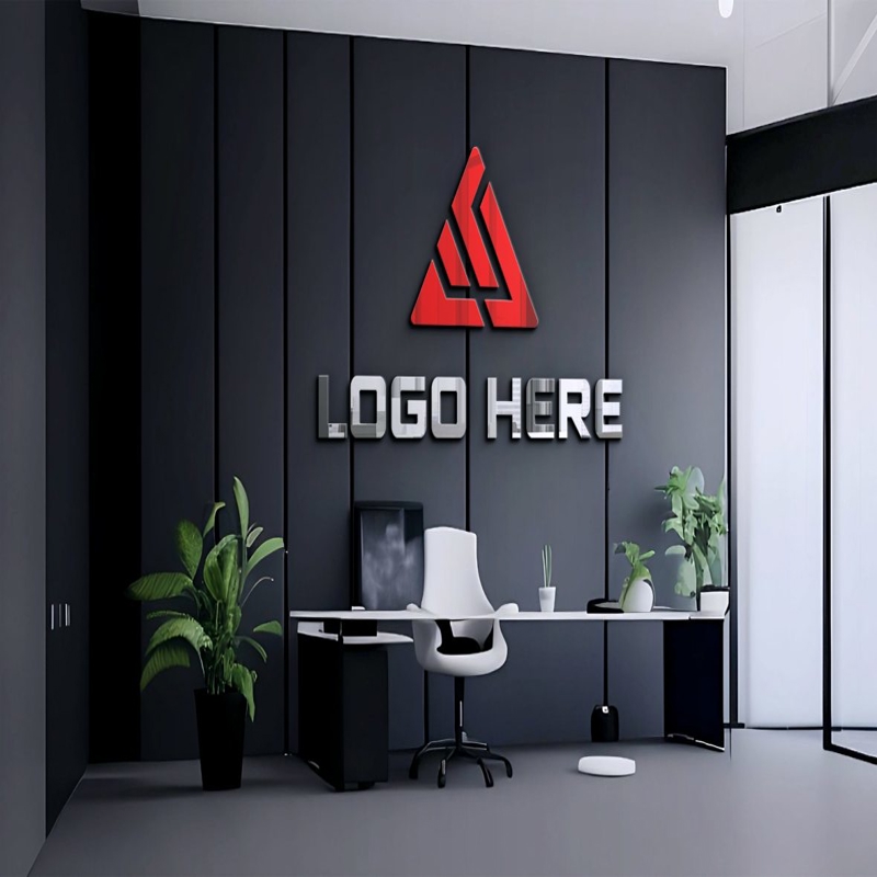 فایل موکاپ لوگوی سه بعدی روی دیوار مشکی اتاق کار - 3D logo mockup on office room black wall