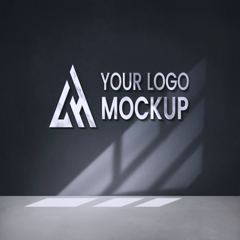 فایل موکاپ لوگوی فلزی سه بعدی با پس زمینه پنجره مشکی - 3d Metal Logo Mockup With Black Window Background