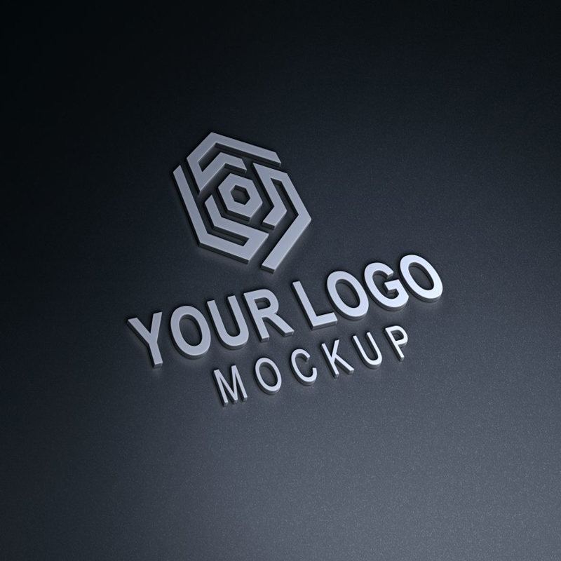 فایل موکاپ لوگوی فلزی سه بعدی روی پس زمینه تیره - 3D Metallic Logo Mockup On Dark Surface Background