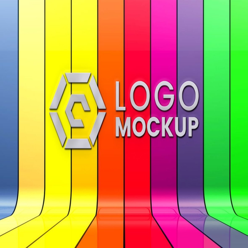 فایل موکاپ لوگو سه بعدی واقع گرایانه روی پس زمینه دیوار رنگارنگ - 3D Realistic Logo Mockup on Colorful Wall Background