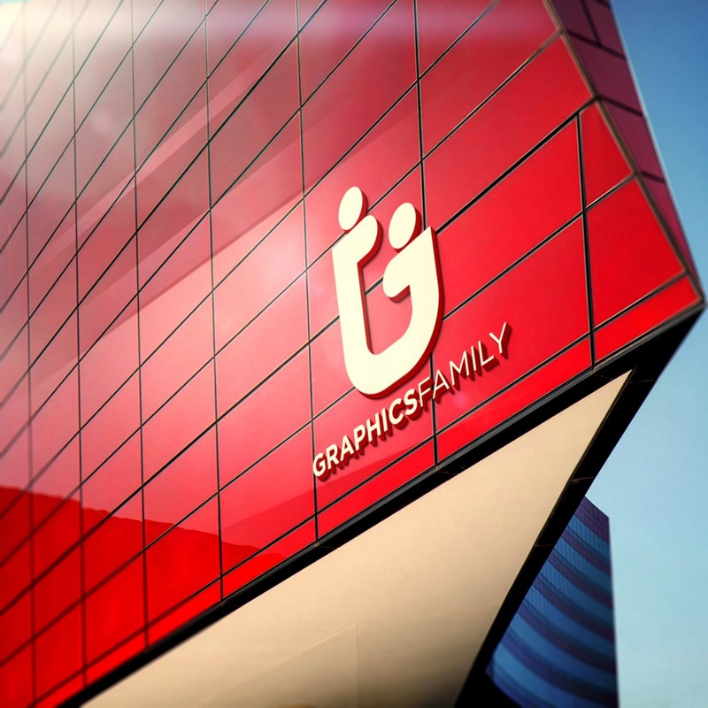 فایل موکاپ لوگوی سه بعدی نمای ساختمان قرمز - 3D Red Building Facade Logo Mockup