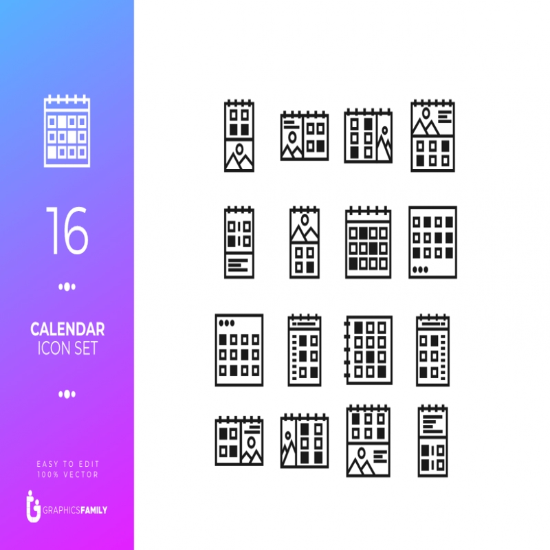 فایل مجموعه ۱۶ آیکون تقویم (SVG) - 16 Calendar Icon Set (SVG)