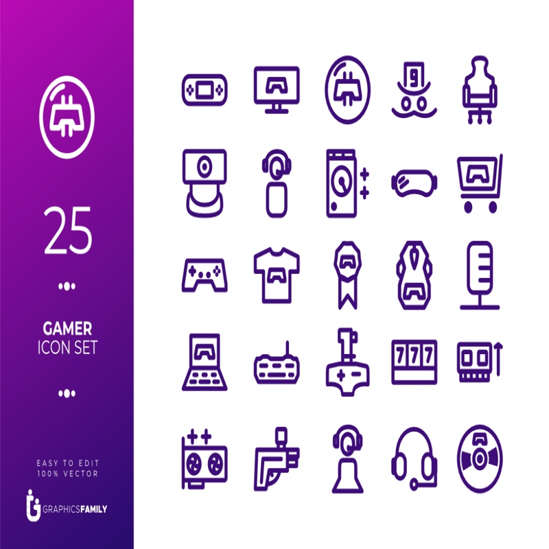 فایل ۲۵ مجموعه آیکون گیمر (AI) - 25 Gamer Icon Set (AI)
