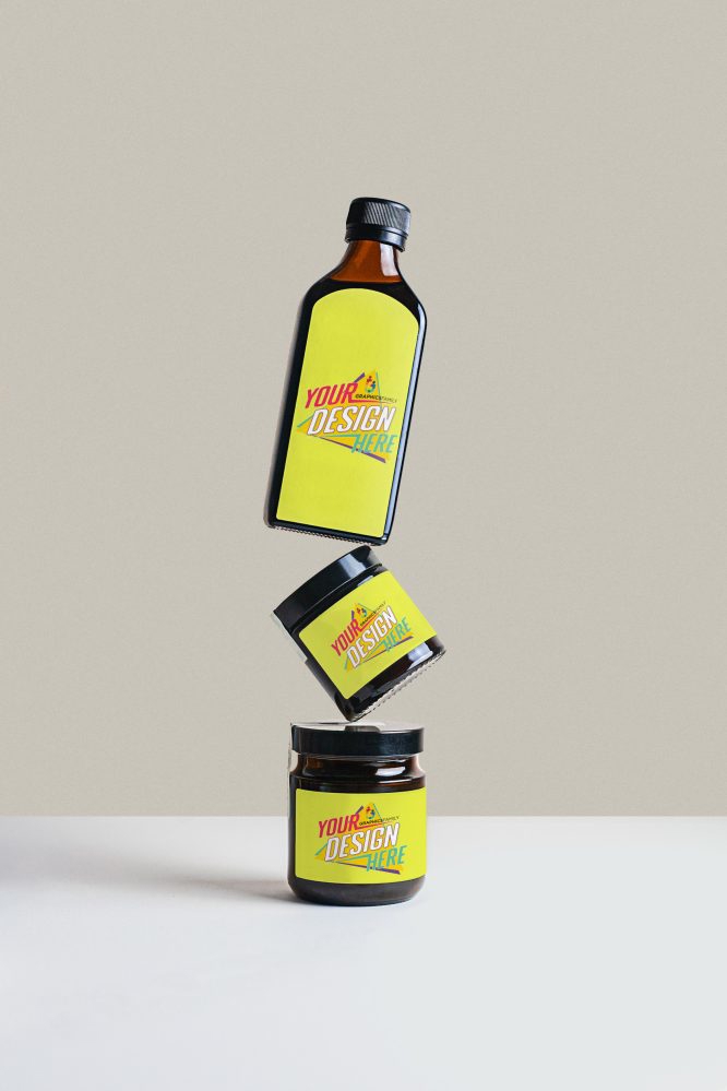 فایل موکاپ برچسب بطری و شیشه‌های متعادل‌کننده - Balancing Bottle and Jars Label Mockup